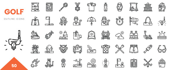 A collection of 50 golf-themed outline icons including equipment, accessories, and activities.