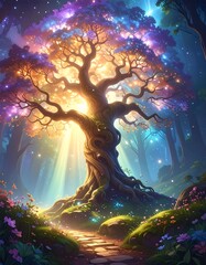 Enchanted forest scene featuring a luminous tree, and a stone path