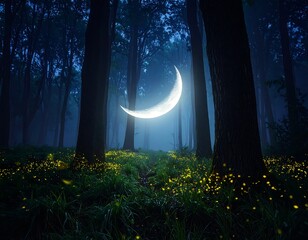 Enchanting moonlit forest path with glowing fireflies and mystical glow