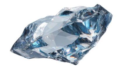 Ice chunk shimmering with a blue tint, clearly displaying its textured crystal structure. Transparent background