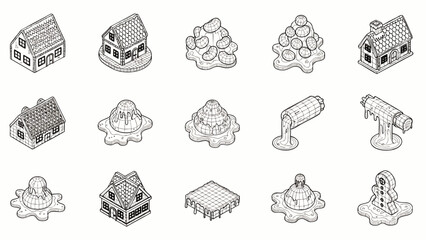 Isometric houses and melting objects line art collection.