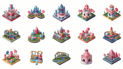 Collection of isometric fantasy castles and magical structures whimsical fairytale architecture set enchanting kingdom buildings.