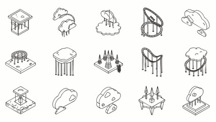 Isometric Fantasy Game Assets Collection: Hand-Drawn Outline Icons for RPG and Adventure Games.