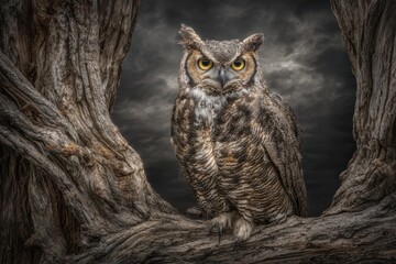 Fototapeta premium Photorealistic owl perched on a branch with piercing golden eyes
