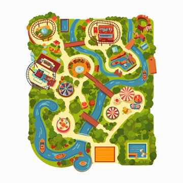 Overhead view of a vibrant amusement park with various rides and attractions.