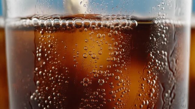 Busa keemasan bir dingin dituangkan ke dalam kaca, menciptakan tekstur cairan bergelembung makro yang abstrak