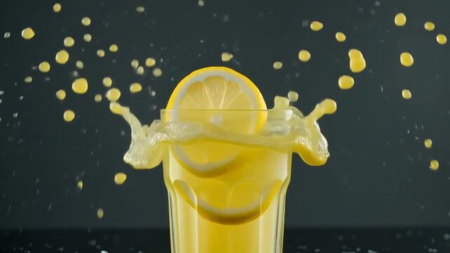 Jus jeruk segar memercikkan air dengan irisan buah lemon kuning yang sehat