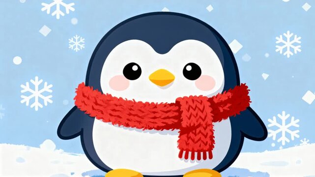 cute cartoon penguin wearing red wool scarf snowflakes falling cozy winter theme clean commercial vector perfect for penguin awareness day