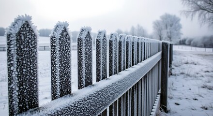 Frost covered wooden picket fence on a cold winter morning.