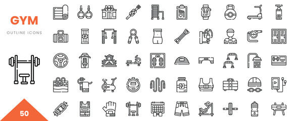 Collection of gym outline icons featuring fitness equipment and accessories.