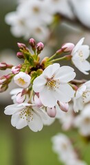 Fototapeta premium Close-up of delicate white cherry blossoms on a branch with green leaves and buds.