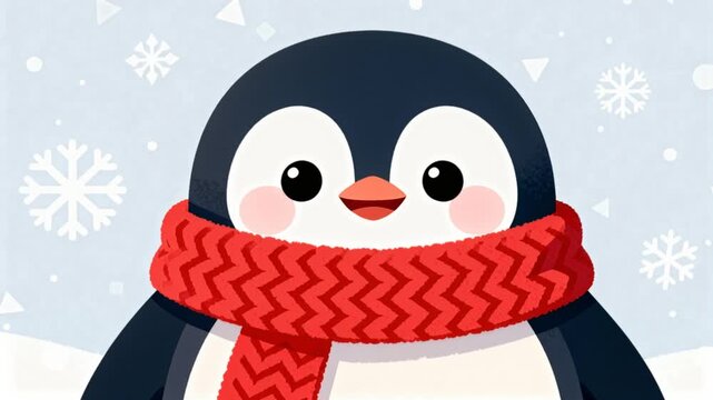 cute cartoon penguin wearing red wool scarf snowflakes falling cozy winter theme clean commercial vector perfect for penguin awareness day