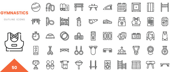 A collection of gymnastics outline icons, showcasing various equipment and elements of the sport.