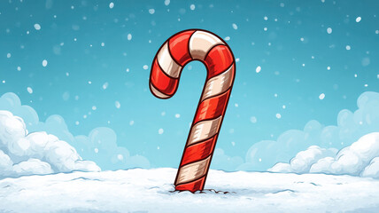 Candy cane in snow with falling snowflakes and cloudy sky