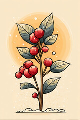 Red berry branch with green leaves and snow on beige background