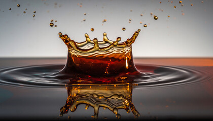 Minuman dingin jus jeruk, air, dan cola memercikkan cairan kuning pada kaca