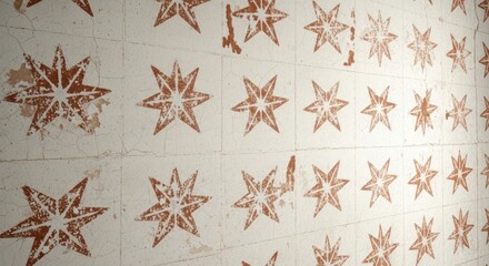 Close-up of white tiles with brown star-shaped designs arranged in rows on a wall.