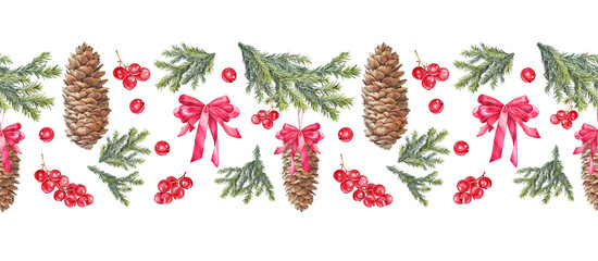 Watercolor seamless border with Christmas tree with toy fir or pine cone with red ribbon bow on white background. Forest rim for New Year celebration. Berry for card sticker. Wallpaper wrapping