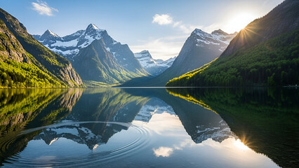 Scenic summer landscape with a mountain lake reflection of snow-capped mountains, bright sky, and forest in the clear water