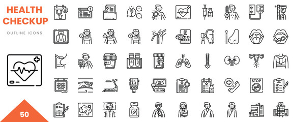 Fototapeta premium Collection of health checkup outline icons representing various medical procedures and equipment.
