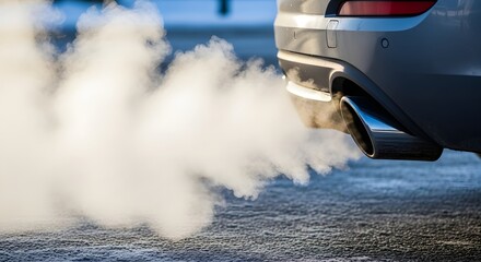 Car exhaust pipe emitting dense white smoke in cold winter air for environmental pollution concept and global warming concerns