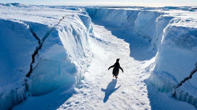 single penguin walking across snow valley between high ice ridges long range exploration theme perfect for penguin awareness day