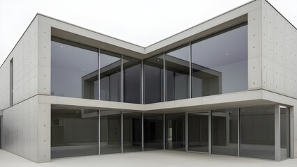 Corporate building with symmetrical geometry and open central courtyard featuring reflective surfaces.