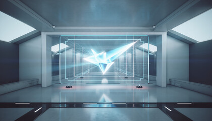 Modern office meeting room with a 3D render illustrating a financial success concept using a data growth chart and upward arrows