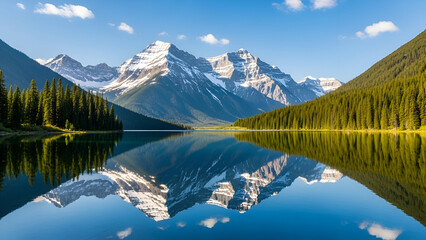 Scenic snow-capped mountains and forest are mirrored in a turquoise lake reflection in Mount Cook National Park, New Zealand
