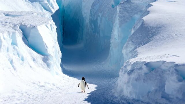 single penguin walking across snow valley between high ice ridges long range exploration theme perfect for penguin awareness day