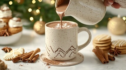 A person pouring hot chocolate into a festive mug, surrounded by holiday treats like cookies and cinnamon sticks.