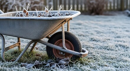 Close-up of an icy wheelbarrow covered in sparkling frost on grass in a serene garden for winter morning concept and cold weather season