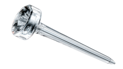 Trumpet mouthpiece made of clear glass with metallic accents, reflecting light, isolated on transparent background, symbolizing music and performance