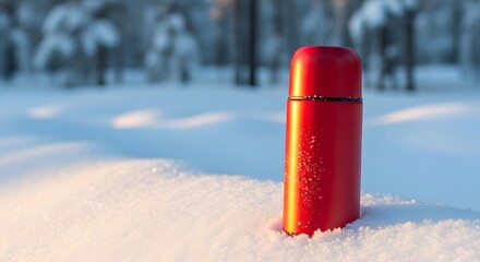 Red thermos standing on fresh white snow in a sunny winter forest for hot drink concept and outdoor adventure
