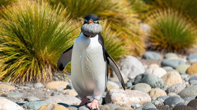 rockhopper penguin comically struggling to carry large pebble funny expression green tussock grass perfect for penguin awareness day