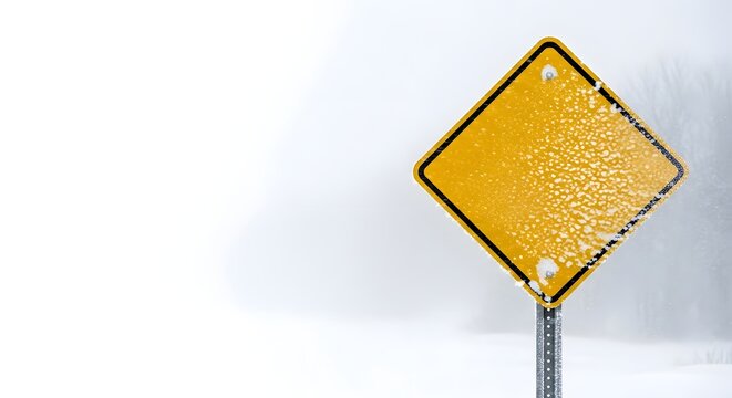 Blank yellow diamond road sign covered in frost and snow in a harsh winter blizzard for danger warning concept and road safety