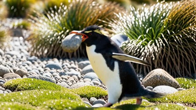 rockhopper penguin comically struggling to carry large pebble funny expression green tussock grass perfect for penguin awareness day