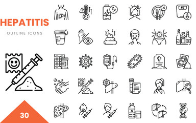 Fototapeta premium A collection of hepatitis-related outline icons showcasing symptoms and prevention methods.