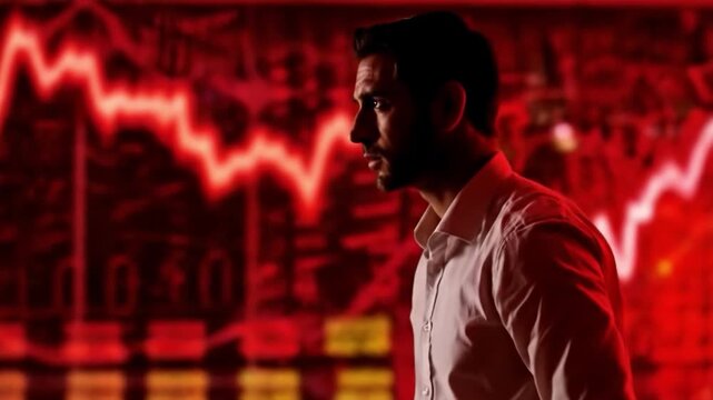 Financial Setback: A silhouette of a concerned individual stands before a dramatic, red-tinged backdrop of financial market decline, reflecting the intensity of economic challenges.