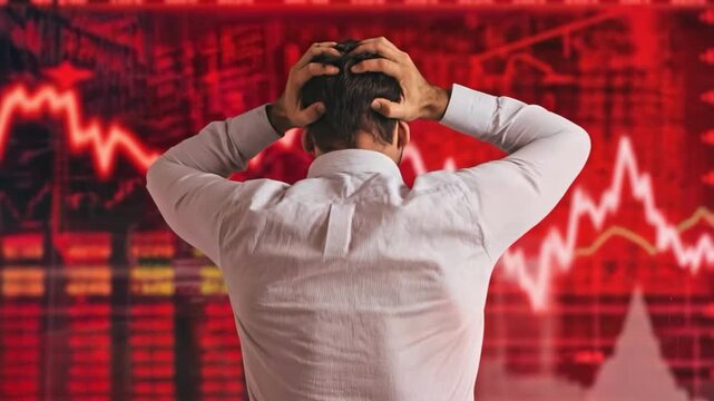 Economic Crisis and Distress: A person overwhelmed by the emotional and financial turmoil of a market downturn, with a backdrop of a plunging red stock chart.
