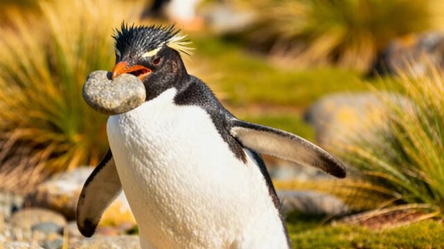 rockhopper penguin comically struggling to carry large pebble funny expression green tussock grass perfect for penguin awareness day