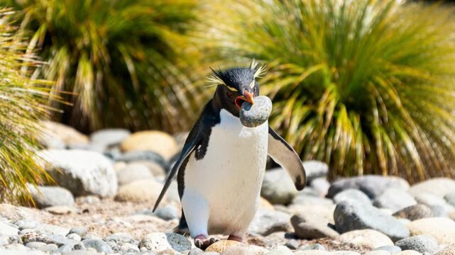 rockhopper penguin comically struggling to carry large pebble funny expression green tussock grass perfect for penguin awareness day
