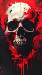 Graphic rendering of a human skull against a bloody red backdrop