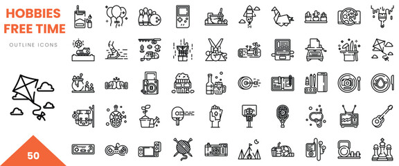 A collection of 50 outline icons representing various hobbies and leisure activities.