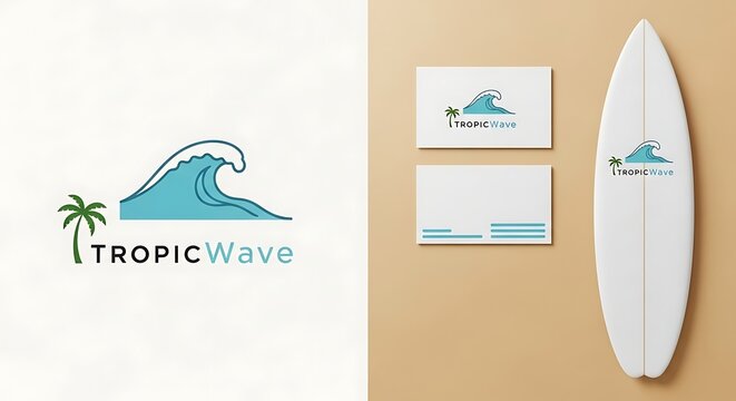 Clean wave logo on business cards and surfboard mockup for design