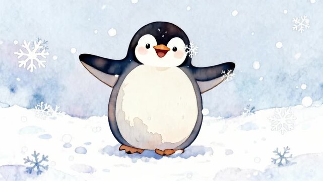 hand painted watercolor cartoon penguin soft edges winter snowy scene gentle pastel background illustrator style perfect for penguin awareness day