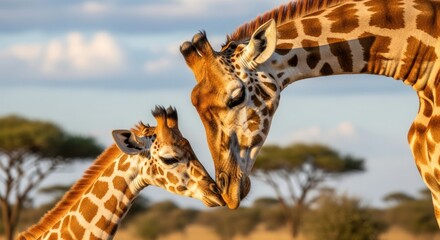 Two giraffes touching noses in a savannah with trees and blue sky