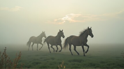 Running Horse in Foggy Field
