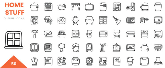 A collection of 50 outline icons representing various home essentials and appliances.