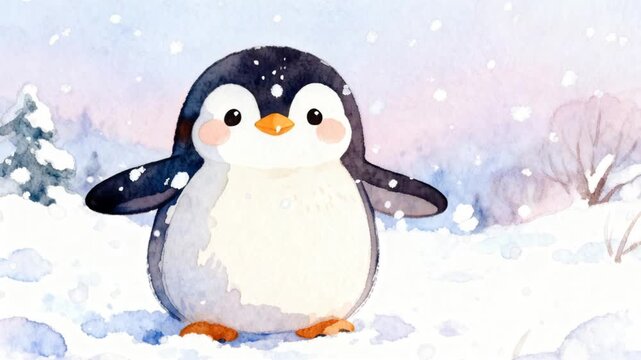 hand painted watercolor cartoon penguin soft edges winter snowy scene gentle pastel background illustrator style perfect for penguin awareness day